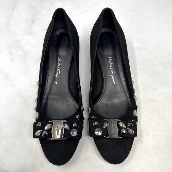 Salvatore Ferragamo Vara Bow Crystal Embellished Low Block Heel Loafer Flat Shoe